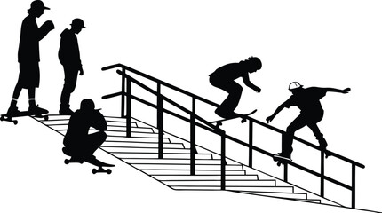Fototapeta premium Black silhouette skateboarders on railings and stairs, isolated on white background