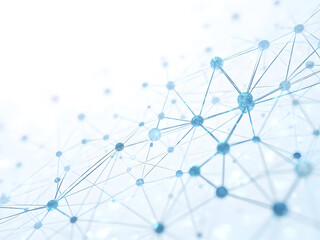 Ultra-realistic white canvas displaying abstract tech network with pulsating blue dots and flowing connection lines forming dynamic geometric plexus mesh structures