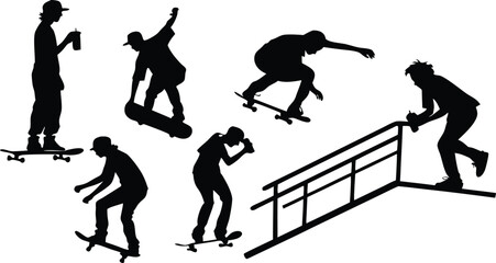 Dynamic skateboarders capture thrilling extreme sports action with bold silhouettes, perfect for energetic branding and urban youth culture promotion.