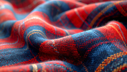 Close-up of a red and blue plaid blanket