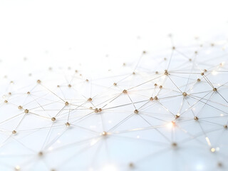 Ultra-realistic white canvas with abstract digital network featuring iridescent connection dots linked by geometric plexus lines with realistic depth and dimension