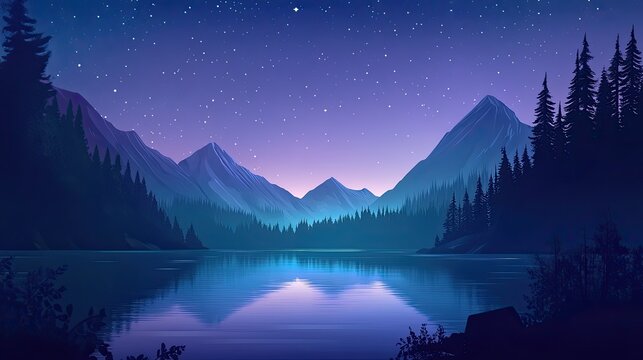 A serene lake surrounded by towering mountains under the starry night sky