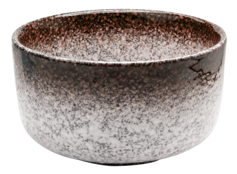 Blown ceramic tea bowl isolated on white background with clipping path. Traditional Japanese-style pottery for tea ceremony or home decor PNG File.