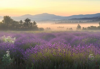 Obraz premium A serene lavender field under the soft glow of sunrise