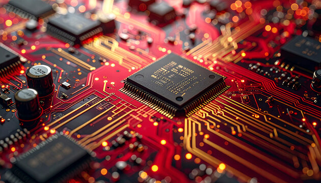 Close-up of a red circuit board with microchips