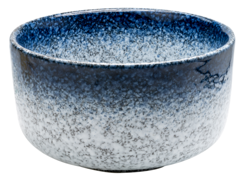 Blue ceramic tea bowl isolated on white background with clipping path. Traditional Japanese-style pottery for tea ceremony or home decor PNG File.