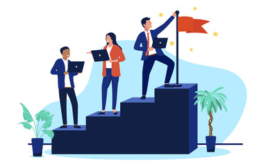 A diverse business team with laptops climbs a set of stairs towards a flag at the top, symbolising career success and professional achievement in a flat design vector illustration