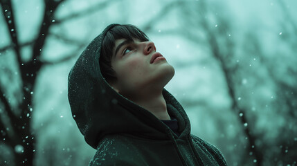 Teen wearing dark green hoodie looking upward in snowy forest, moody winter lighting emphasizing solitude and introspective calm atmosphere.
