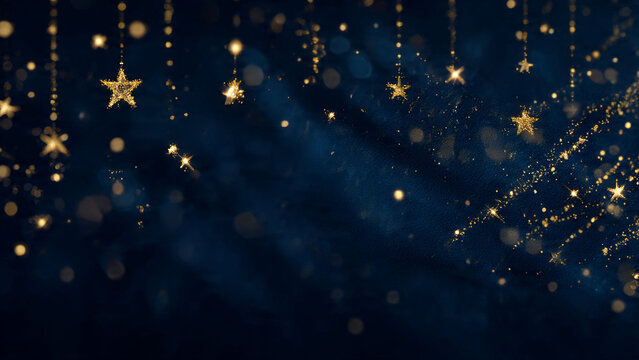 Golden stars hanging against a dark blue background with bokeh lights effect - Powered by Adobe