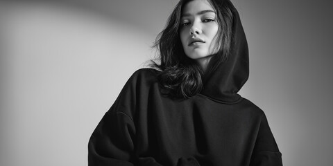 Black and white portrait of woman wearing dark hoodie, minimalist lighting creating dramatic contrast and introspective modern mood.
