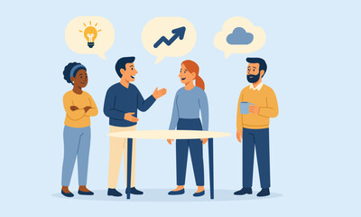Group of coworkers exchanging ideas with speech bubbles above table. Positive communication and creative teamwork concept in flat vector style.