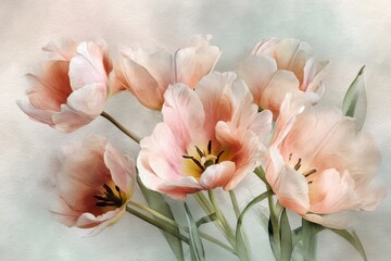 Luxurious watercolor bouquet of tulips on a gentle pastel backdrop