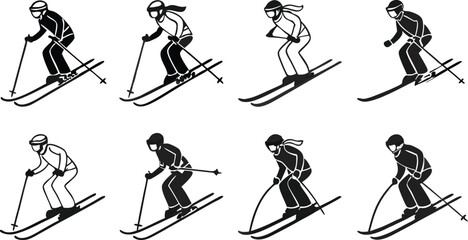 Skiing athlete icon collection. Includes skiers, skiing, sports, winter, and action symbols. Created in line style with black and white palette.
