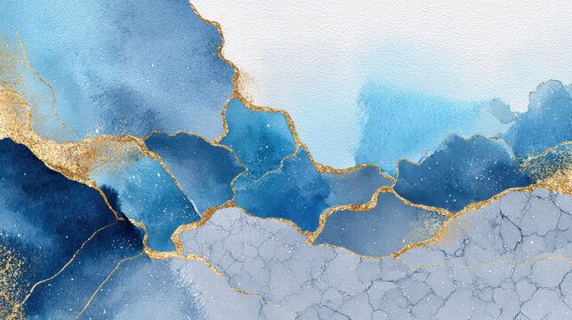 Luxurious watercolor background with blue washes, shimmering gold veins, and marble crack texture for elegant wallpaper and invitations