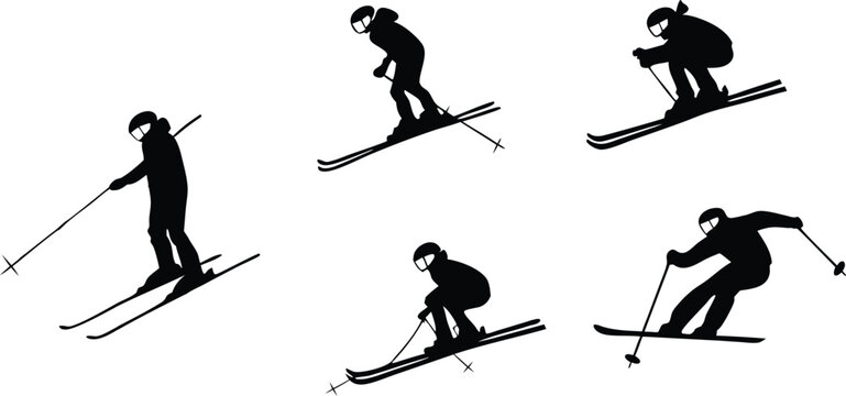 Dynamic skiers in silhouette capture the thrill and action of downhill winter sports, perfect for active lifestyle promotions.