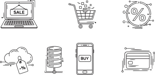 Set of online shopping line icons, e-commerce design elements