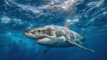 Fototapeta premium Majestic great white shark swimming gracefully in clear ocean waters during a sunny day