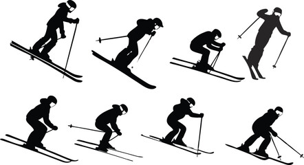 Dynamic skiers captured in silhouette demonstrating various downhill techniques perfect for winter sports promotion and active lifestyle branding
