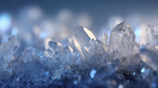 Macro image of clear quartz crystal formations with refracted light and crystal facets