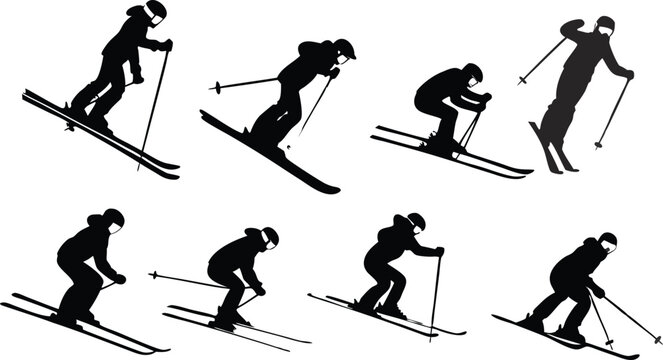 Dynamic skiers captured in silhouette demonstrating various downhill techniques perfect for winter sports promotion and active lifestyle branding