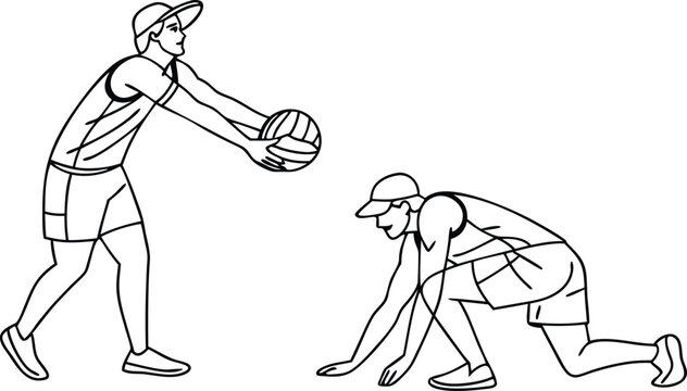 Dynamic volleyball players in action, capturing intense moments of sport and athletic performance with clean linework