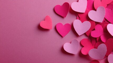 Colorful paper hearts scattered on a pink background create a cheerful decoration for celebrations and events