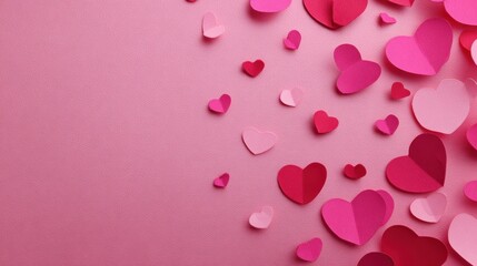 Colorful paper hearts scattered on a pink background create a festive atmosphere for celebrations or decorations