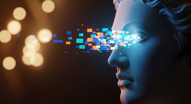 An artistic rendering of a bust with a digital interface overlay, suggesting a connection between classical art and modern technology, and artificial intelligence.