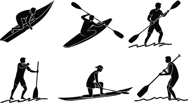 Dynamic water sports silhouettes capture the thrill of paddling and surfing with energetic figures in action, perfect for adventure themes.
