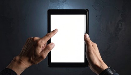 Hands holding/touching a blank white screen tablet