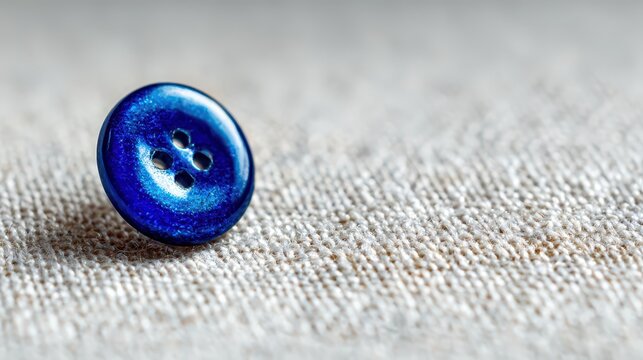 Macro shot of a blue button with soft focus on neutral textile