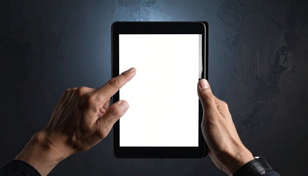 Hands holding/touching a blank white screen tablet - Powered by Adobe