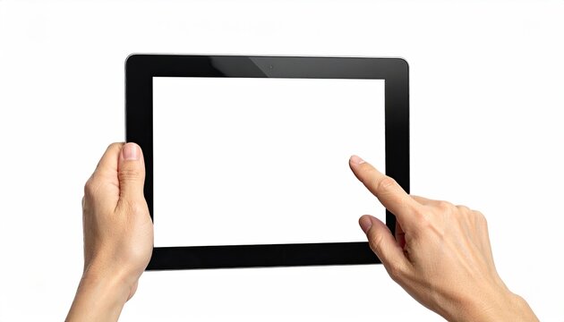 Hands hold black tablet with white screen. Isolated