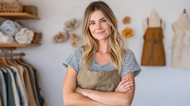 Young woman shop owner smiling with crossed arms