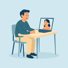 Man sitting at table having online video call with woman on laptop screen. Remote communication and virtual connection concept in flat vector style.