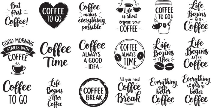 Vector Set of Hand Lettered Coffee Quotes Typography Designs for Mugs and T-Shirts