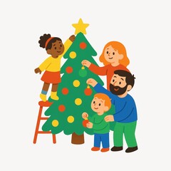 Family decorating Christmas tree together.