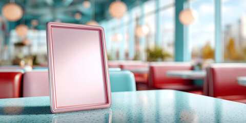 Pink-framed blank sign displayed on glossy blue table inside retro diner, bright lighting and colorful nostalgic atmosphere.
