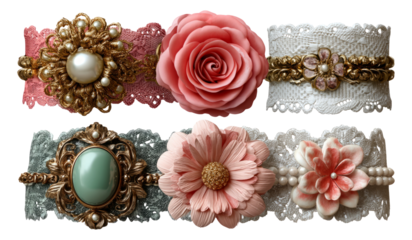 Elegant Decorative Hair Accessories with Flowers and Pearls on Transparent Background