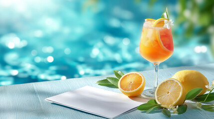 Refreshing orange cocktail with citrus fruits and blank white card by poolside, bright sunlight creating vibrant summer vacation mood.
