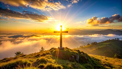 Obraz premium Cross on Mountain at Sunrise Light