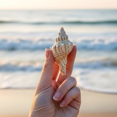 Woman Holding Seashell With Ocean Waves – Shallow Depth of Field