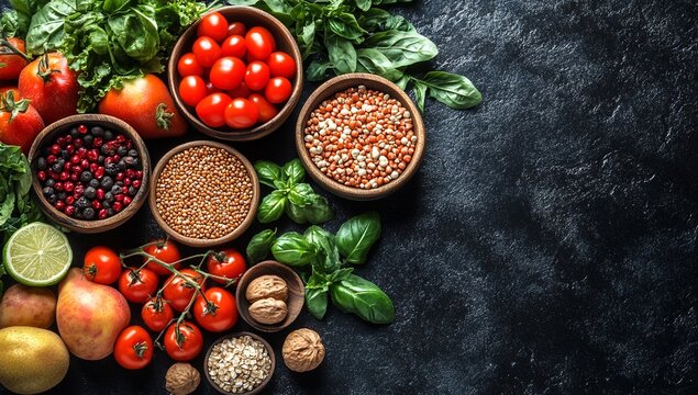 Fresh organic produce arranged artfully on a dark textured surface