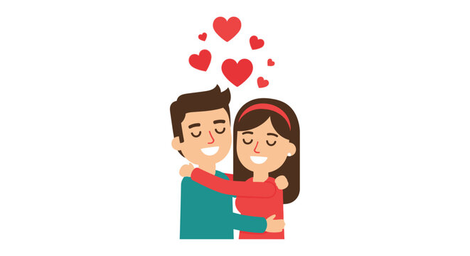 Cartoon couple embracing under floating hearts expressing love and affection together forever