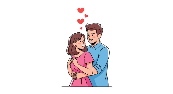 Affectionate cartoon couple embracing each other with love hearts above their heads displaying
