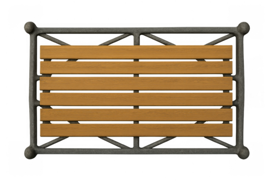 Outdoor park bench with wooden slats and metal frame, top view isolated on transparent background - Powered by Adobe