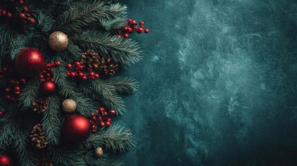 Close up of a decorated christmas tree branch with red ornaments and berries against a dark textured background