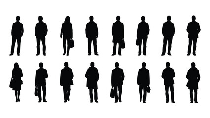 Set of 16 People Silhouettes: Black Vector Cutouts of Business Professionals and Urban Pedestrians Standing and Walking