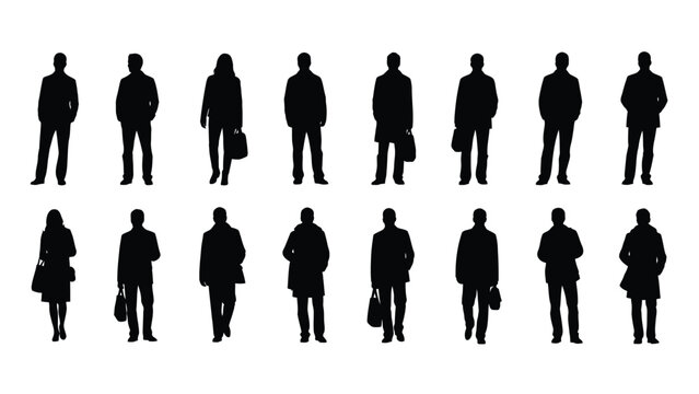 Set of 16 People Silhouettes: Black Vector Cutouts of Business Professionals and Urban Pedestrians Standing and Walking