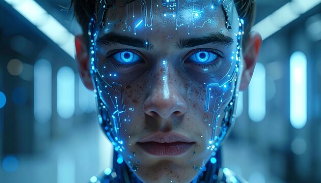 Intense close-up of a futuristic human face, enhanced with glowing blue cybernetic circuits and piercing digital eyes, symbolizing advanced AI and human-technology integration